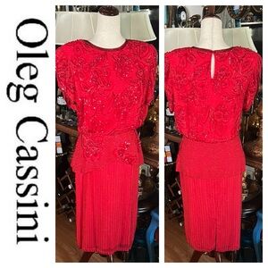 Vintage OLEG CASSINI Red Beaded & Sequined Dress